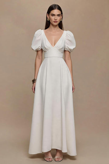 Ivory V-Neck A Line Long Formal Dress